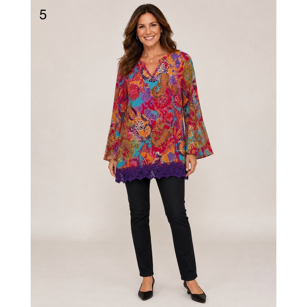 Caleaas Tunic Top Women's Large Pink Purple Lace Trim Paisley Print Bell Sleeve